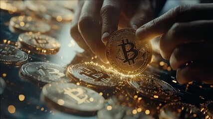 A person's hand holding a Bitcoin coin among other cryptocurrency coins, symbolizing digital currency and the blockchain technology. - Powered by Adobe