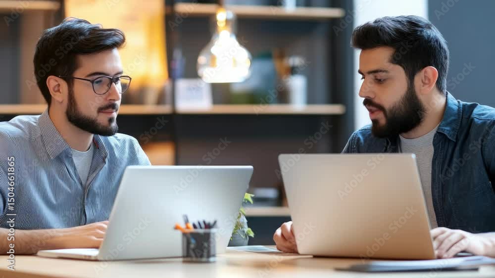 Poster two men collaborating on computers in modern office environment.