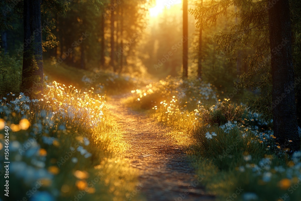 Poster golden sunlight filters through trees along a winding path covered in flowers in a serene forest set