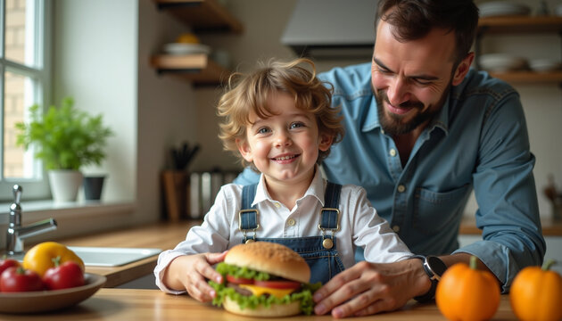 Father helping son prepare school lunch in cozy kitchen