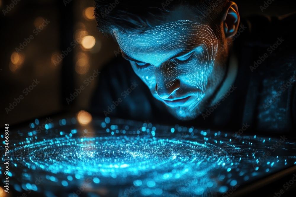 Leinwandbilder futuristic hand interacting with holographic touchscreen in a dark, high-tech environment showcasing
