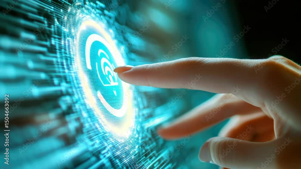 Poster a hand reaching out to a futuristic digital interface with a finger touching the screen. advanced te