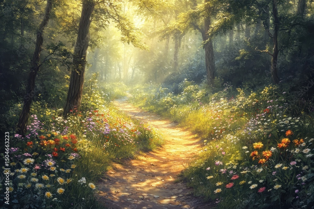 Poster golden sunlight filters through trees along a winding path covered in flowers in a serene forest set