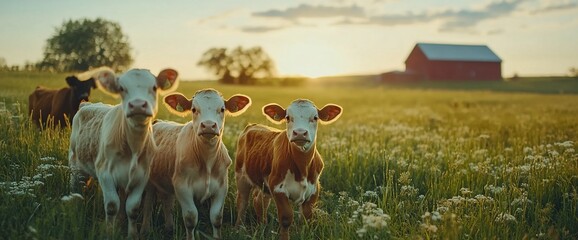Curious calves graze in a sunlit meadow at sunset showcasing rural tranquility
