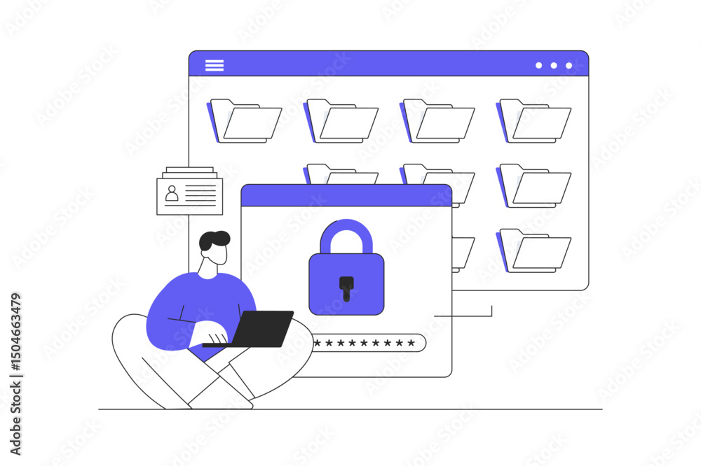 Poster secure login with man character concept. computer access data. flat cartoon vector illustration, ico