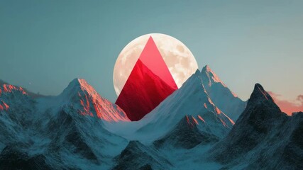 A tranquil scene of a full moon behind majestic snow-capped mountains, bathed in warm sunlight during twilight hours. - Powered by Adobe