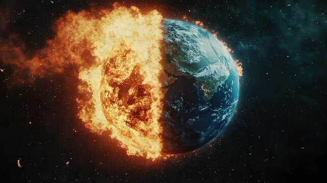 planet with half sun, half bomb explosion showing effects of nuclear war or catastrophic climate change.