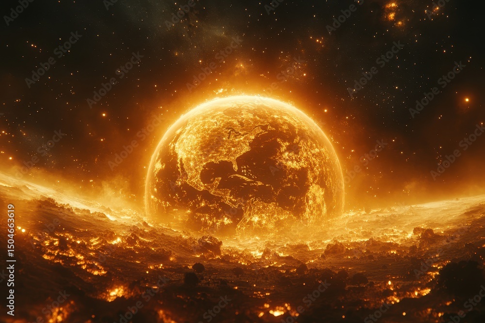 Poster glowing planet in an otherworldly landscape surrounded by fiery elements during a mysterious cosmic 