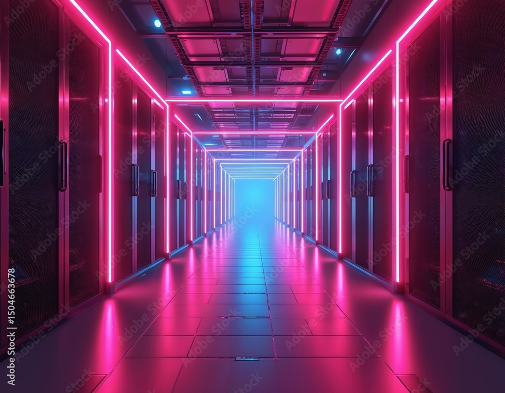 Fototapete modern data center server room with advanced laser grid protection. neon glowing lights, hi-tech fut