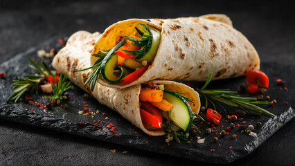 Two fresh vegetable wraps are neatly placed on black slate plate, vibrant colors and healthy ingredients. Stylish and nutritious wrap presentation for clean eating, vegan meals, and healthy food