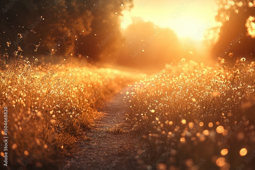 Aufkleber golden grasses sway gently in the twilight as fireflies illuminate the path at sunset, creating a se