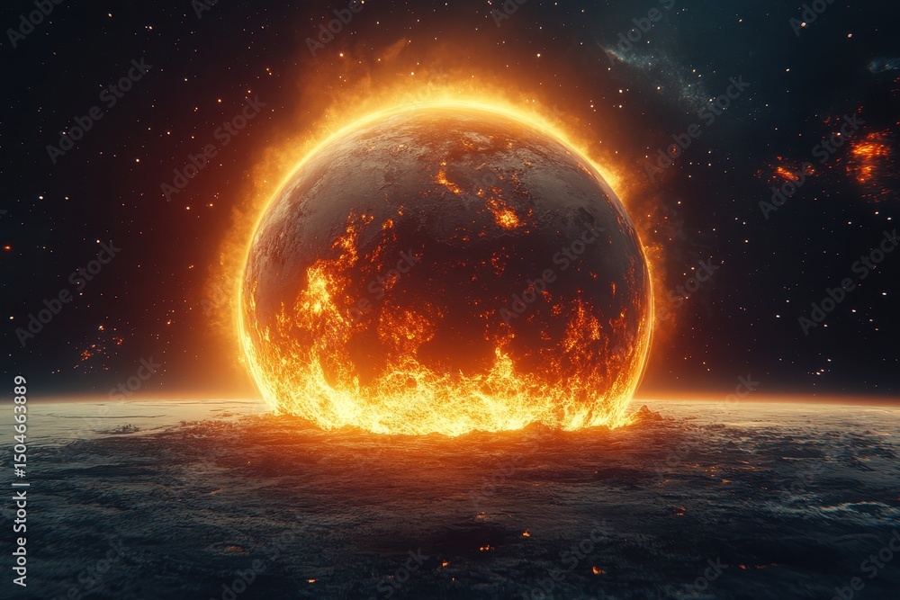 Poster Glowing planet in an otherworldly landscape surrounded by fiery elements during a mysterious cosmic event