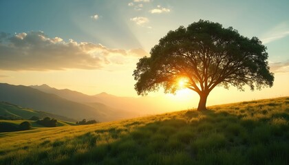 Obraz premium Scenic view of tree on meadow at sunset. Golden sunlight rays through tree branches. Green grass, mountains, sky. Nature background, calm, relaxing atmosphere. Ideal for environmental, eco, earth