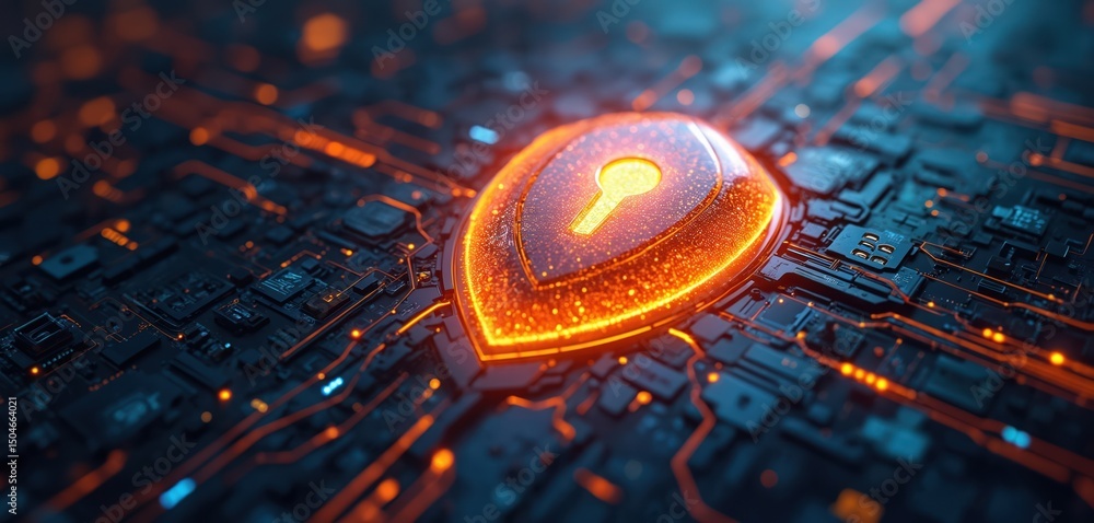 Poster Glowing futuristic shield in digital matrix with data streams cybersecurity. Concept protects sensitive data, digital assets, personal info. Futuristic tech illustration shows network security