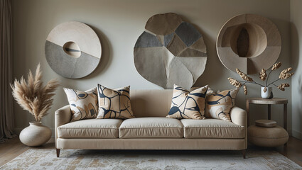 Modern interior design with beige sofa and abstract wall art creating relaxing atmosphere