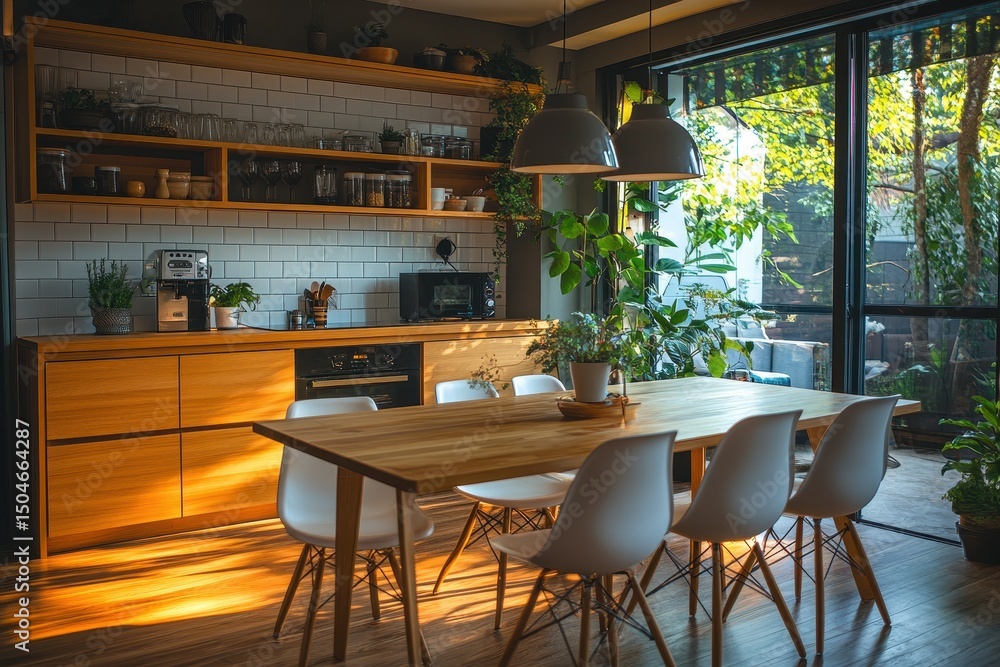 Leinwandbilder sunlight filters through a spacious kitchen filled with greenery, creating a warm and inviting atmos
