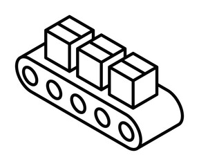 Conveyor belt with moving boxes in factory. Isometric vector icon. Editable stroke.