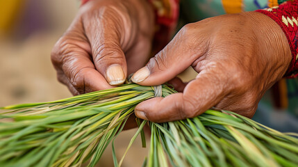 A close-up of hands braiding sweetgrass for ceremonial use