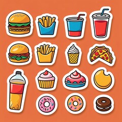 Fastfood stickers. Cartoon junk food snack labels, unhealthy meal with french fries pizza burger sandwich hot dog ice cream food, restaurant menu elements. Vector isolated set