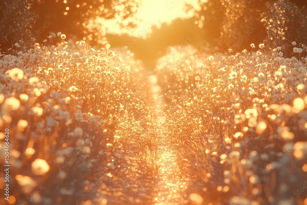 Aufkleber golden grasses sway gently in the twilight as fireflies illuminate the path at sunset, creating a se