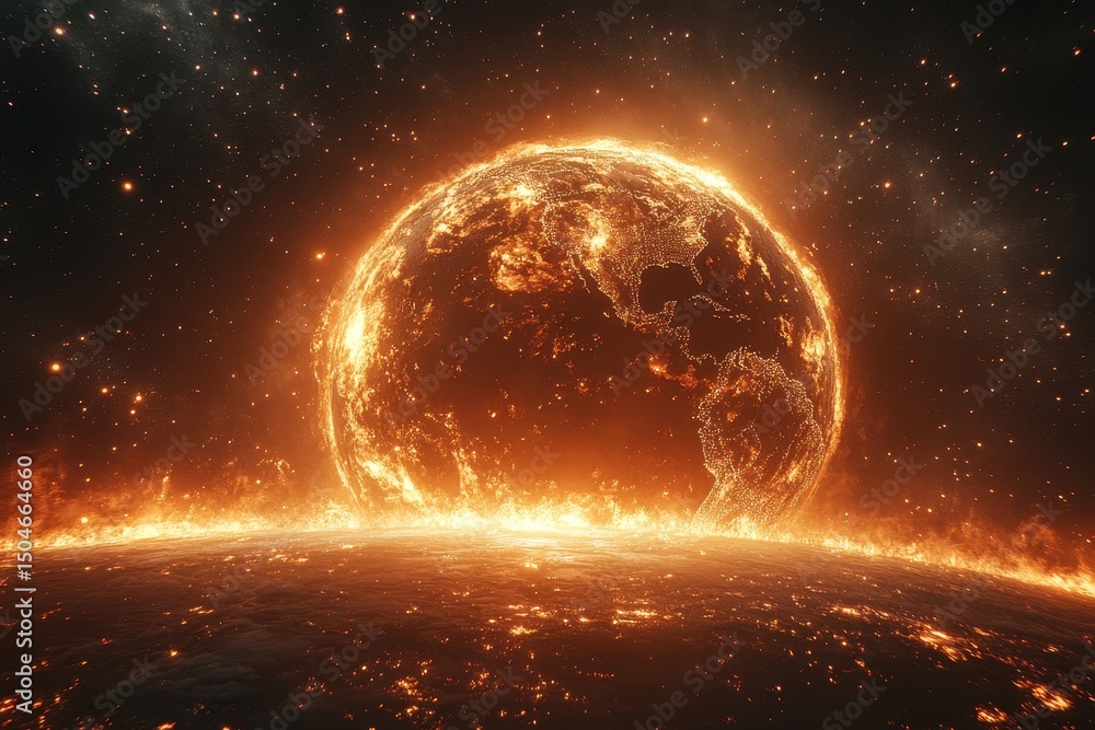 Poster glowing planet in an otherworldly landscape surrounded by fiery elements during a mysterious cosmic 