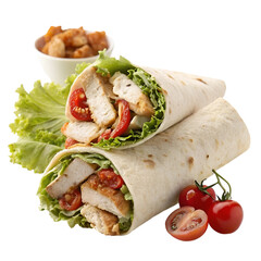 Vertical Chicken Caesar Wrap with Crisp Lettuce and Tomatoes on White Background