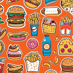 Fastfood stickers. Cartoon junk food snack labels, unhealthy meal with french fries pizza burger sandwich hot dog ice cream food, restaurant menu elements. Vector isolated set