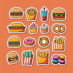 Fastfood stickers. Cartoon junk food snack labels, unhealthy meal with french fries pizza burger sandwich hot dog ice cream food, restaurant menu elements. Vector isolated set