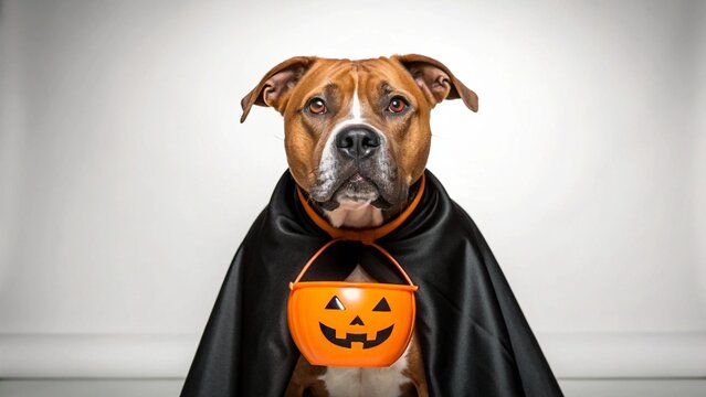 Adorable brown dog in halloween costume with pumpkin candy bucket wearing a black cape for spooky season trick or treat pet fun