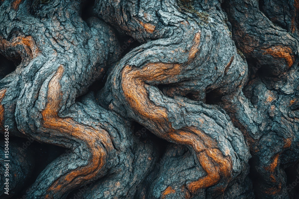 Poster Detailed view of textured tree roots showcasing intricate patterns and warm orange highlights on a forest floor during autumn