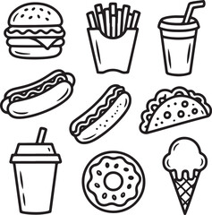 Cute Fast Food Doodles Vector Sketch Style Black Outline on White