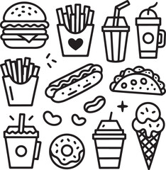 Cute Fast Food Doodles Vector Sketch Style Black Outline on White