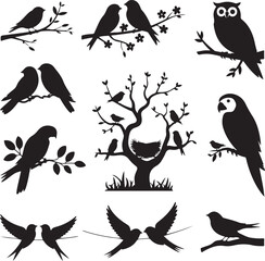 Black Silhouette Set of 10 Bird and Branch Combinations