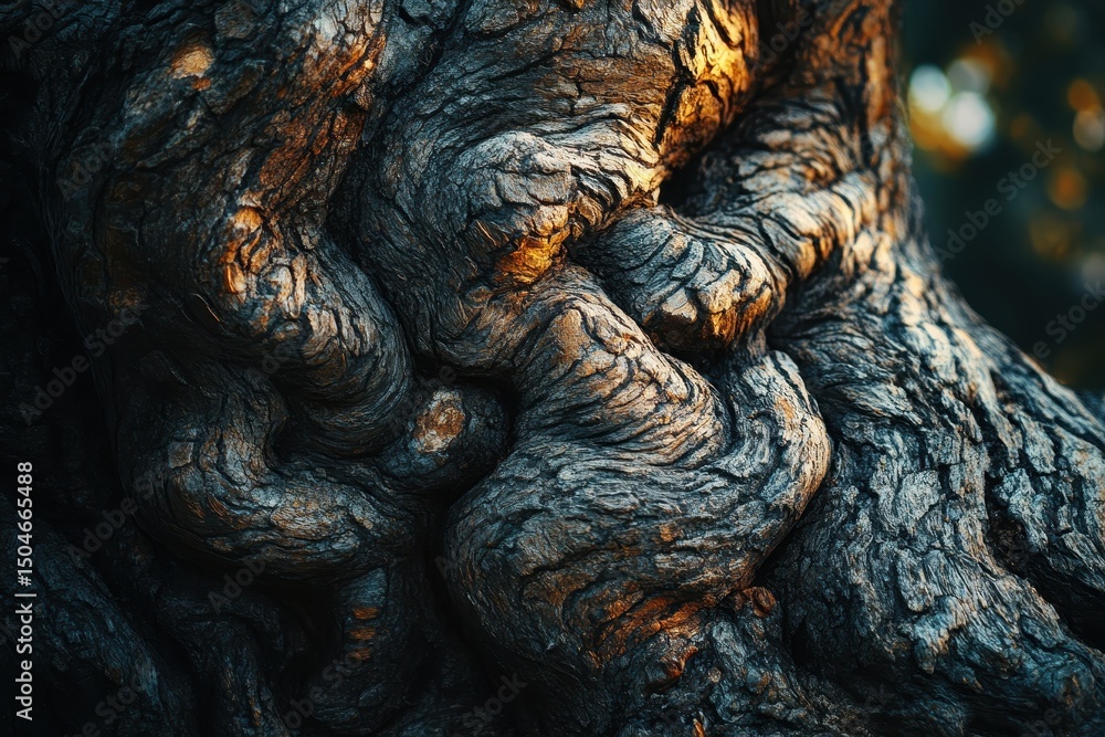 Poster Detailed view of textured tree roots showcasing intricate patterns and warm orange highlights on a forest floor during autumn