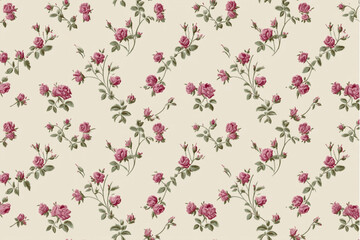 Repeating pattern of pink roses with green leaves on a light beige background in a floral design
