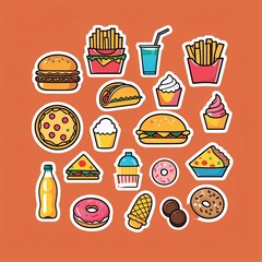Fastfood stickers. Cartoon junk food snack labels, unhealthy meal with french fries pizza burger sandwich hot dog ice cream food, restaurant menu elements. Vector isolated set
