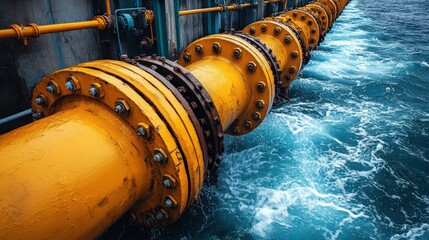 Industrial water pipeline with vibrant yellow color against dynamic blue waves