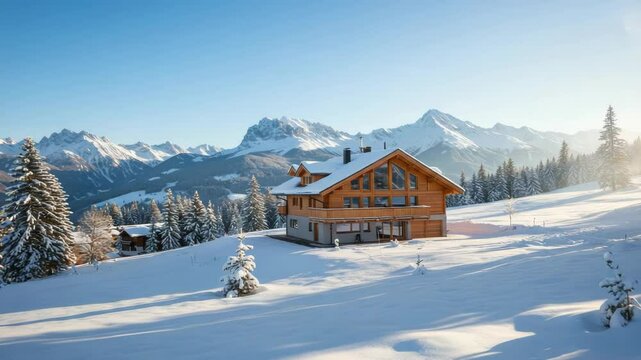 Cozy wooden chalet in snowy mountains