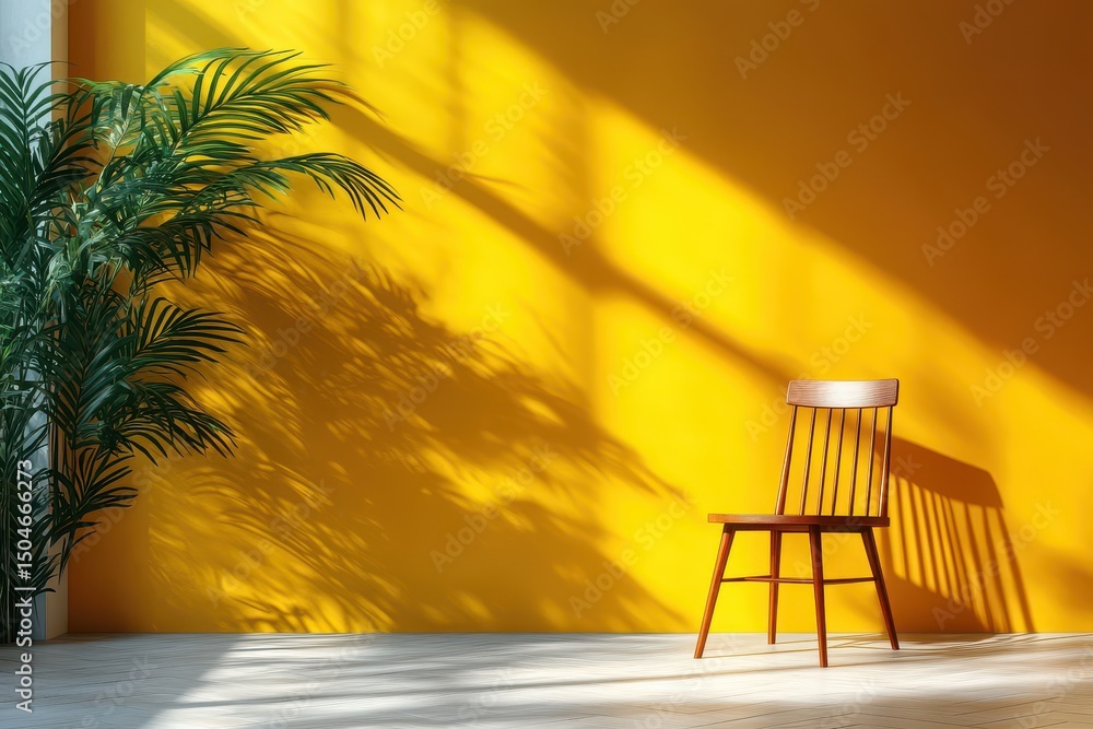 Poster sunlight streams through a window casting shadows on a bright yellow wall next to a green plant and 