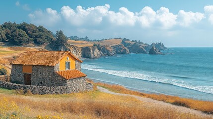 Serene coastal scene with rustic stone house and gentle waves under a blue sky