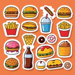 Fastfood stickers. Cartoon junk food snack labels, unhealthy meal with french fries pizza burger sandwich hot dog ice cream food, restaurant menu elements. Vector isolated set