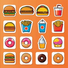 Fastfood stickers. Cartoon junk food snack labels, unhealthy meal with french fries pizza burger sandwich hot dog ice cream food, restaurant menu elements. Vector isolated set