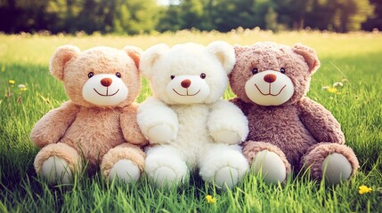 Three Teddy Bears Sitting in Grass, Cute Friends, Happy Toys, Soft Plush Bears, Outdoor Fun, Spring Meadow, Sunny Day