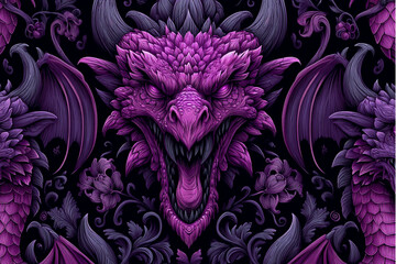 A symmetrical purple dragon with wings and floral elements on a dark background, fantasy artwork style