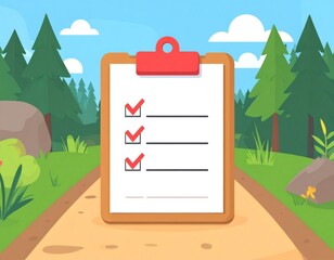 Clipboard with checklist and red clip on a path in the forest