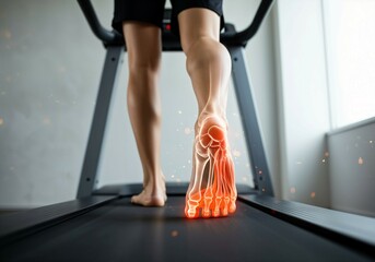 Close-up of foot anatomy highlighted with pain or stress during treadmill walk in modern gym