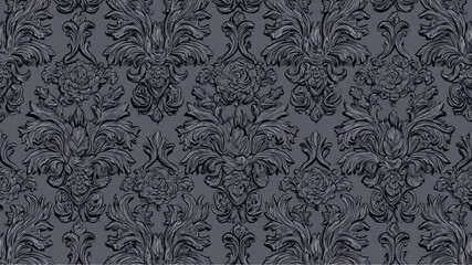 Detailed dark gray damask pattern with floral and leaf motifs repeating across the entire image area