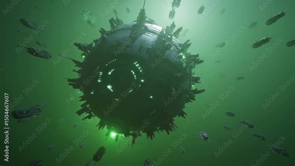 Poster gigantic spherical space station deploying a large number of spacecraft in a mysterious green nebula