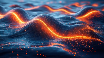 Dynamic fluid waves with glowing lines and particles in dark background