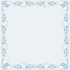 Seamless pattern, square frame with hand embroidered white vintage napkin ornament in art nouveau style. Watercolor hand drawn illustration on a light blue watercolor background